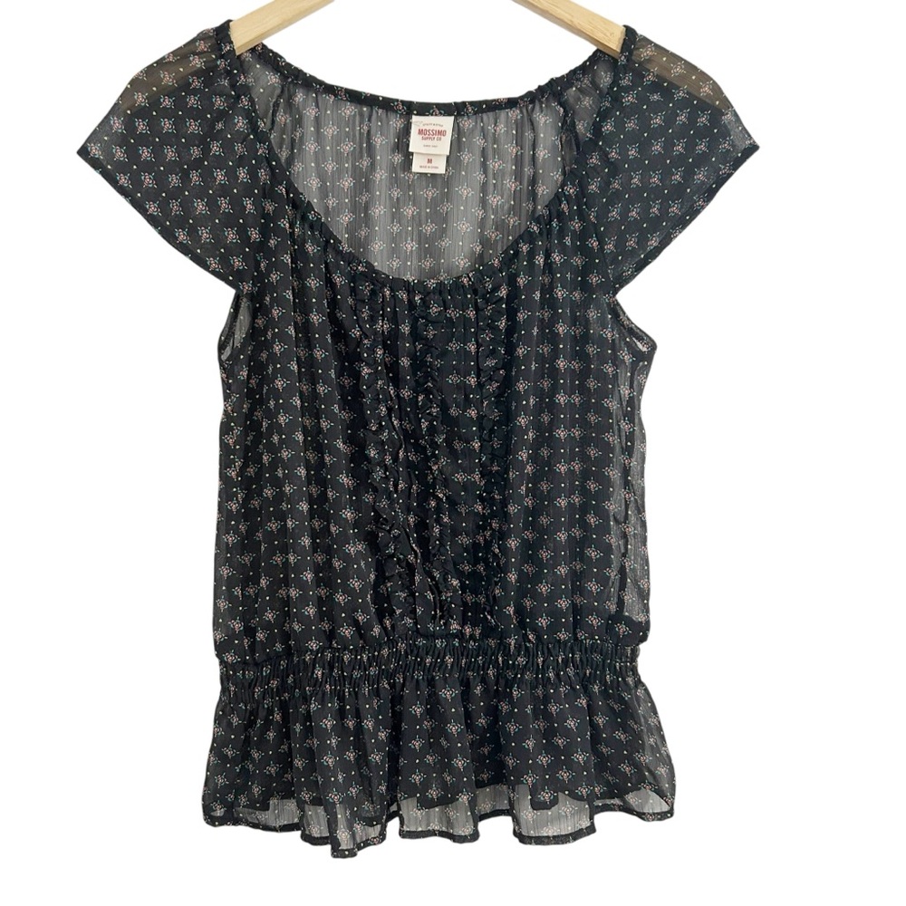 Mossimo Supply Co. Medium Sheer Black Multicolor Floral Top With Cap Sleeves
